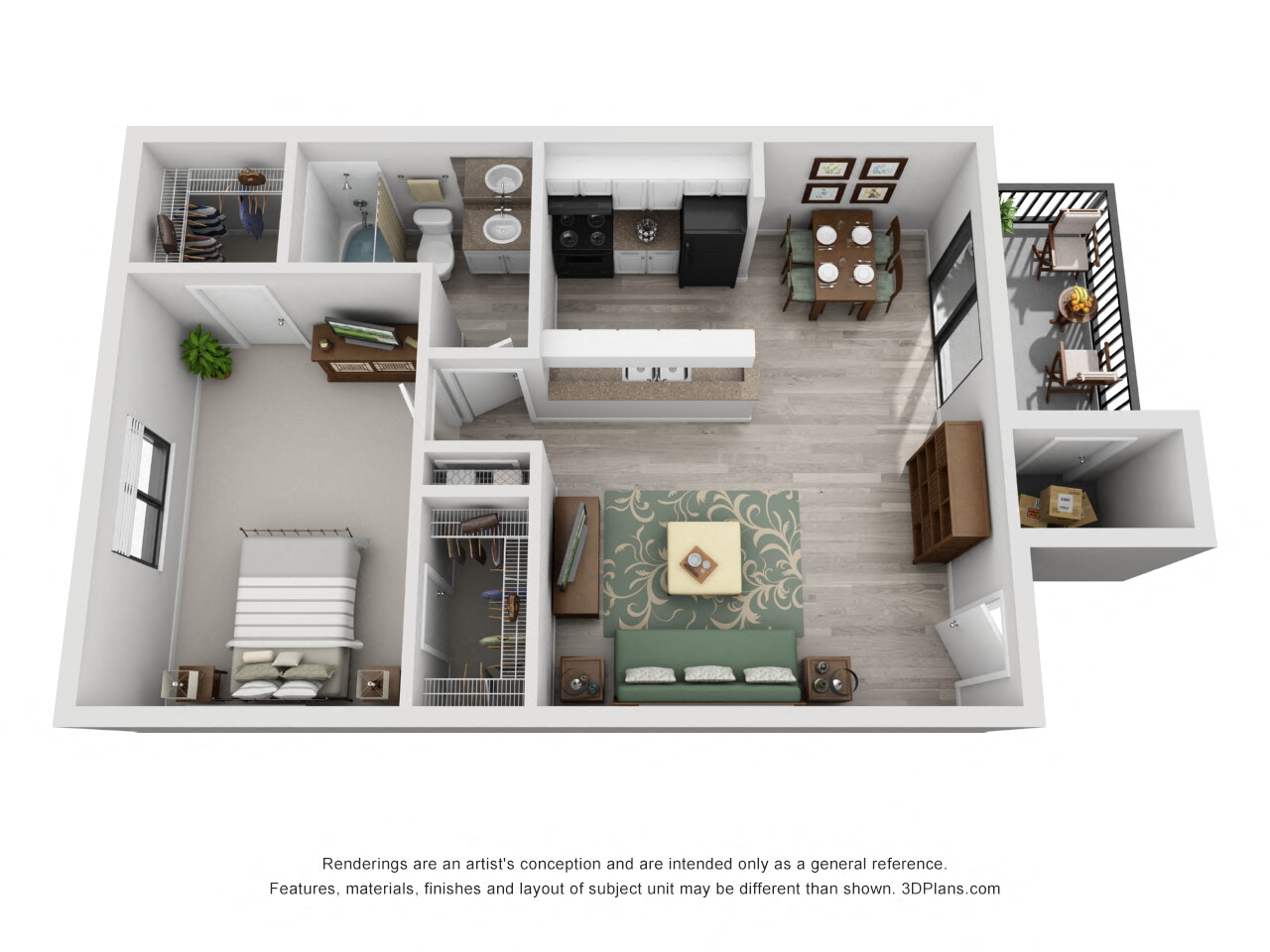 Floor plan for 1 bed, 1 bath, 750 sqft